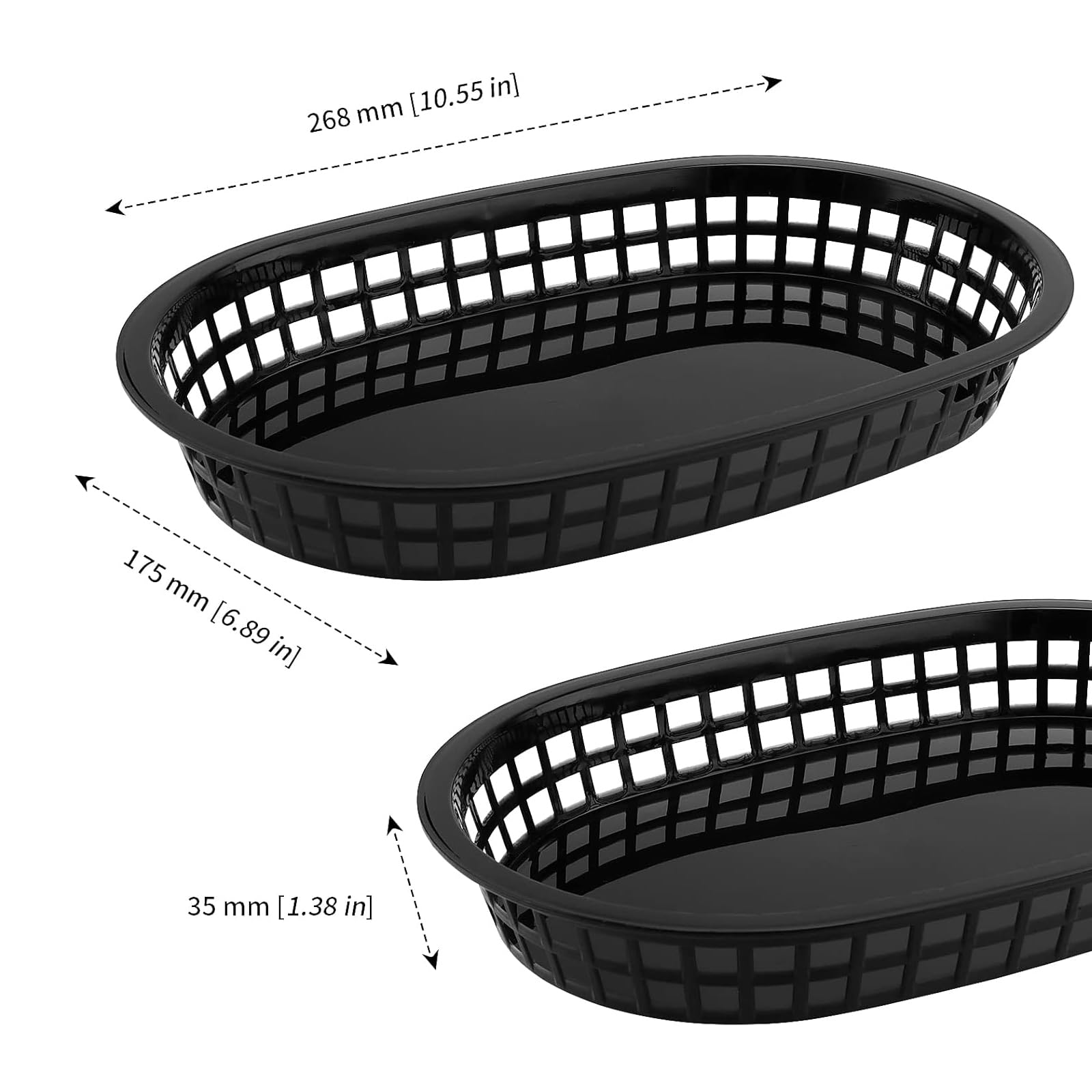 Lot de 50 Paniers de Restauration Rapide, Paniers de Rangement en Plastique ovale classique, Noir, 26,8 x 17,5 x 3,5 cm