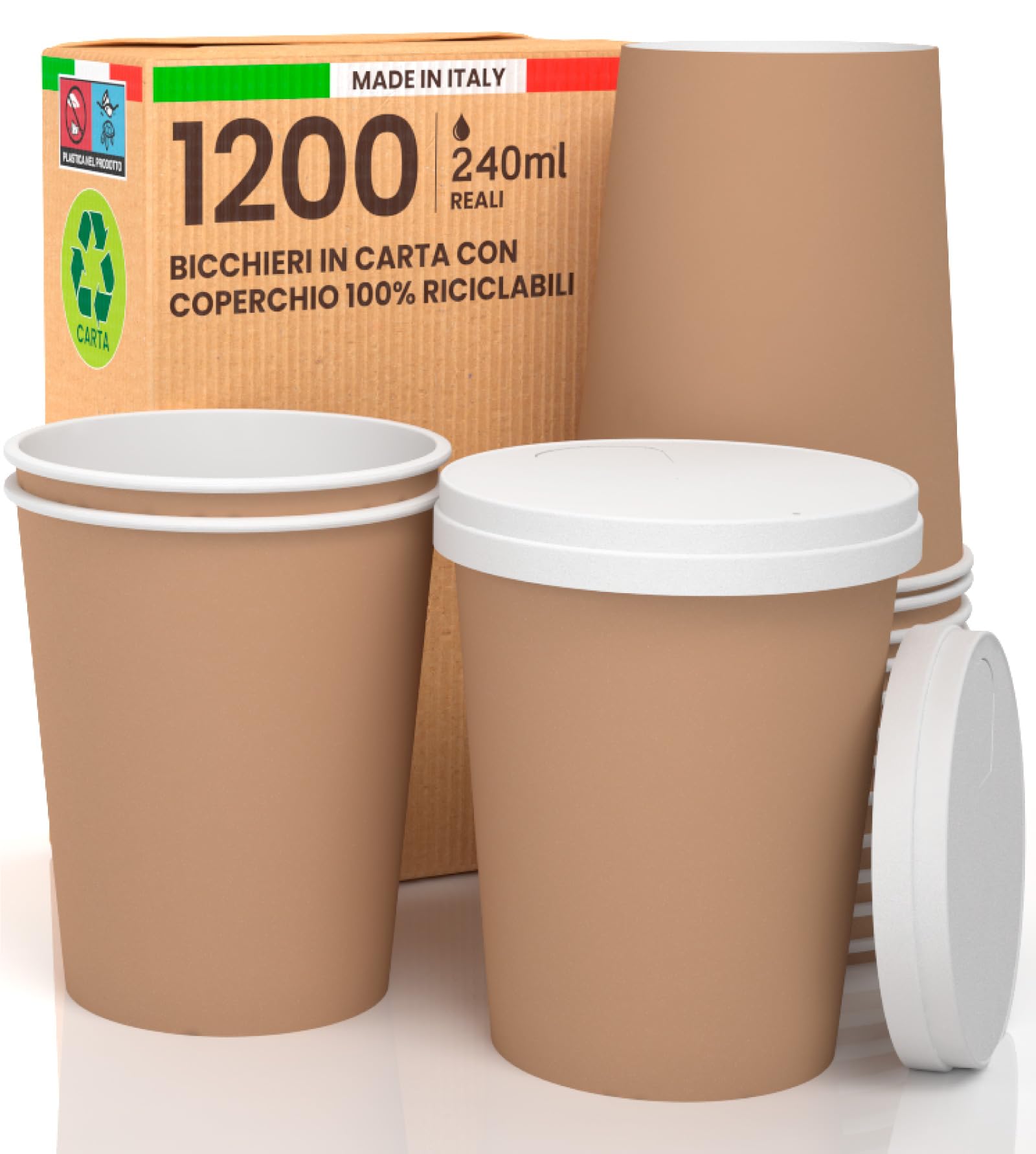 Lot de 1 200 verres à café à emporter en papier Havane 240 ml + 1 200 couvercles en papier boissons chaudes et froides thé infusés d'eau Cappuccino écologiques biodégradables tasses jetables