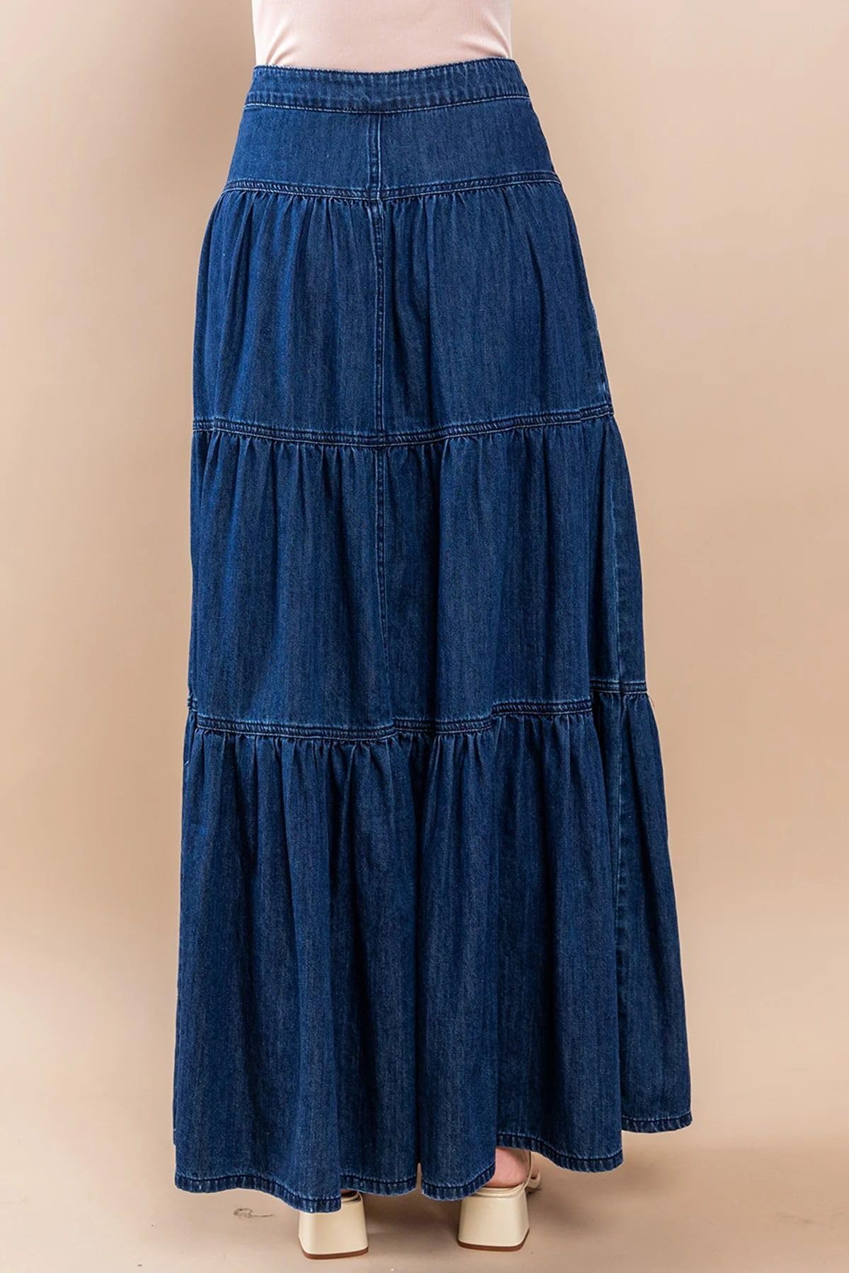 Falda Larga Vaquera De Talle Alto para Mujer con Botones Estilo Bohemio Fluida Plisada con Volantes Y Corte En A con Bolsillos Ideal para Viajes Y Salidas Informales.