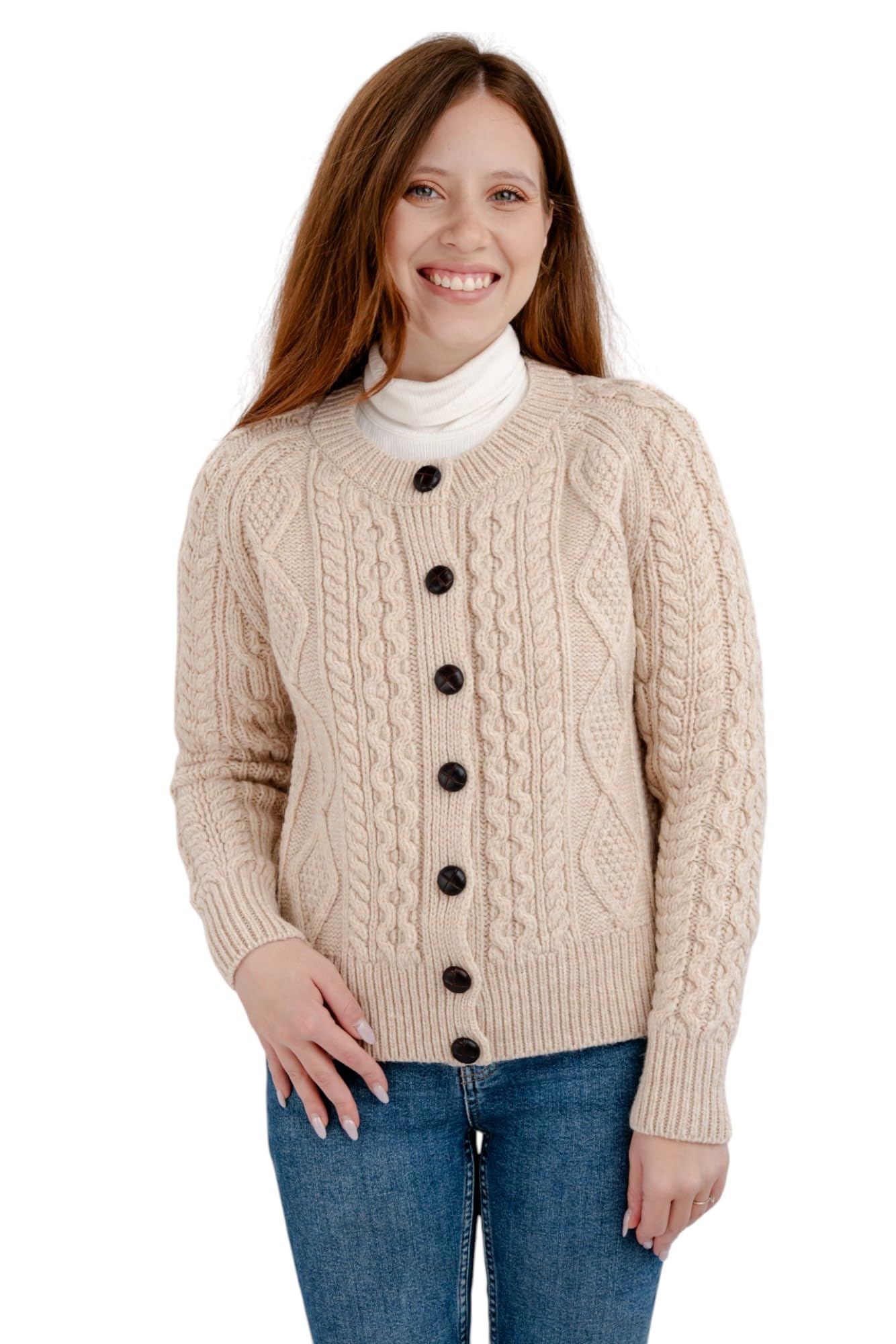 Saol Women's Parsnip Irish Wool Cardigan Sweater Cable Knit Made In Ireland, Small