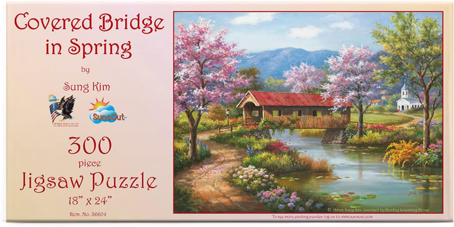 SUNSOUT INC - Covered Bridge in Spring - 300 pc Jigsaw Puzzle by Artist: Sung Kim - Finished Size 18" x 24" - MPN# 36604
