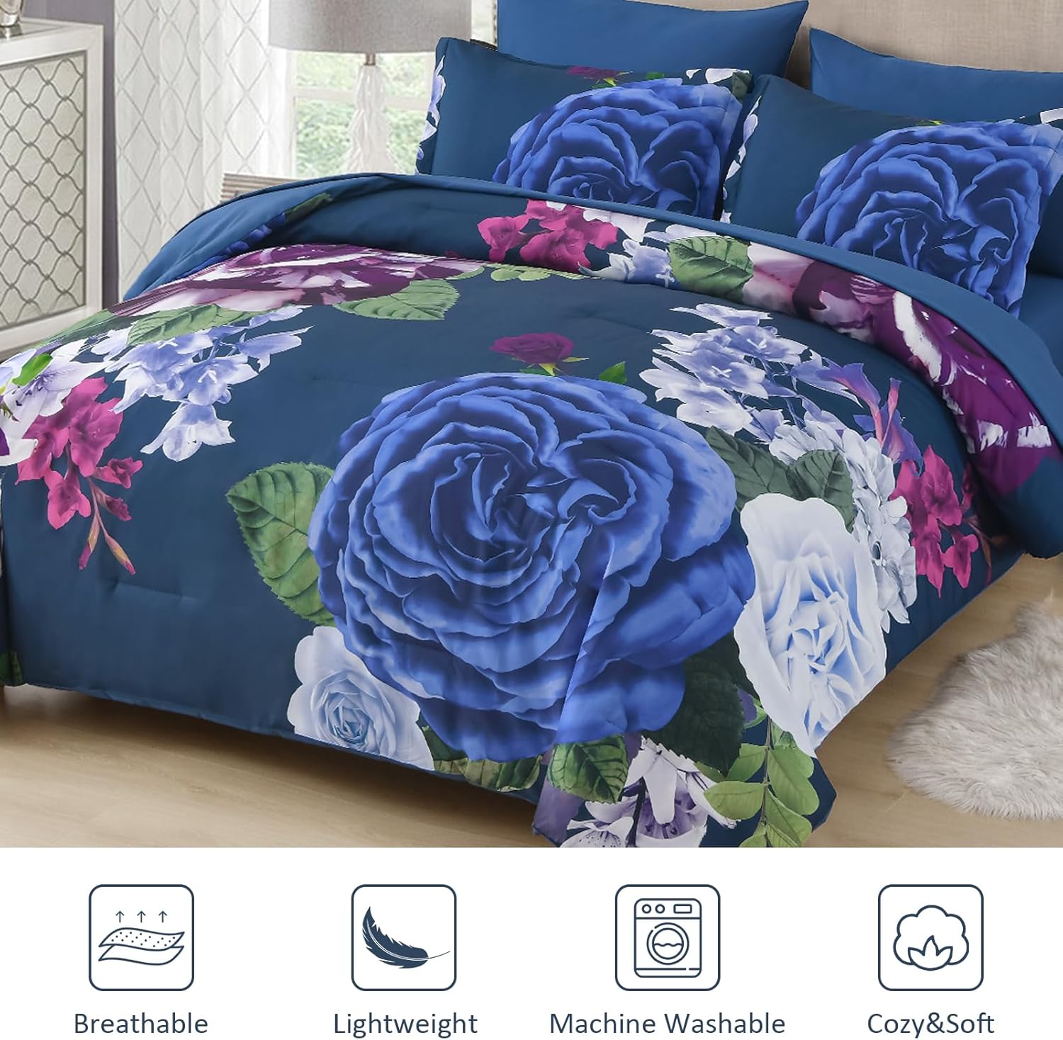 Drucon Blue Floral Comforter Set King, 7 Pieces Bed in a Bag Botanical Floral Comforter Soft Microfiber Dark Blue Bedding Set King Size Bed with Sheet and Pillowcase - Image 2