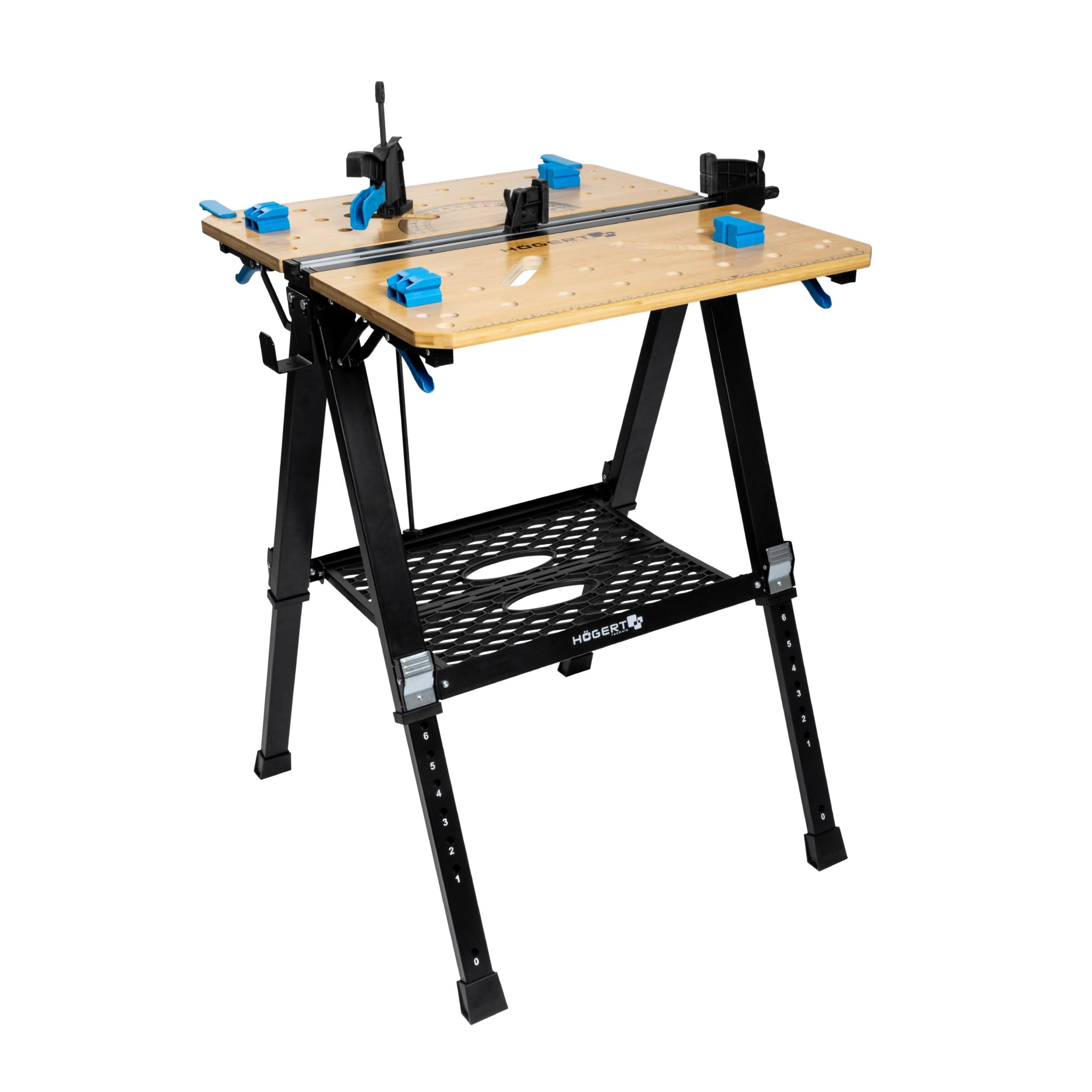 HÖGERT TECHNIK Tavolo da officina pieghevole, 700 x 650 x 915 mm, con piastra in bambù, regolazione in altezza a 5 livelli, capacità di carico 450 kg, fori, raccordi e morsetti di serraggio