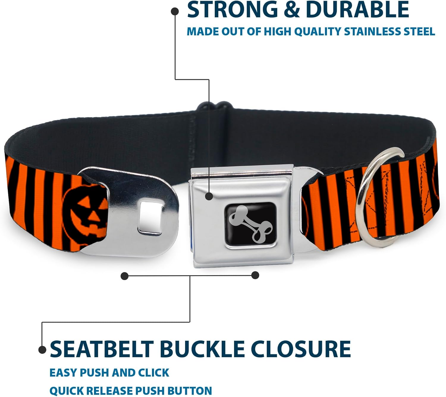 Dog Collar Seatbelt Buckle Jack O Lantern Pumpkin Stripe Orange Black 18 to 32 Inches 1.5 Inch Wide