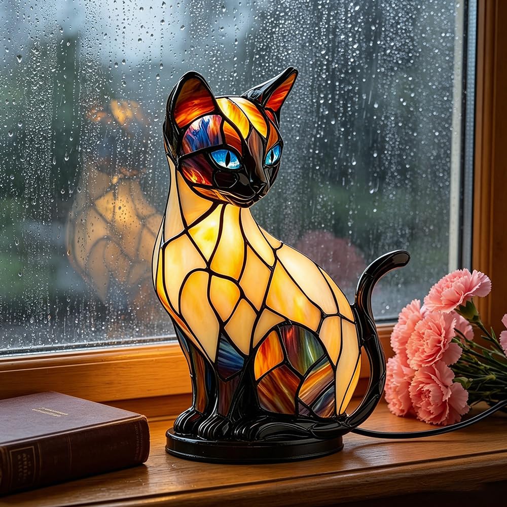 Rppiup Handcrafted 3D Resin Cat Lamp, Stained Glass Lamp, Vintage Stained Glass Cat Lamps for Cats Lovers for Desk, Bedroom, Fun Gift for Pet Owners