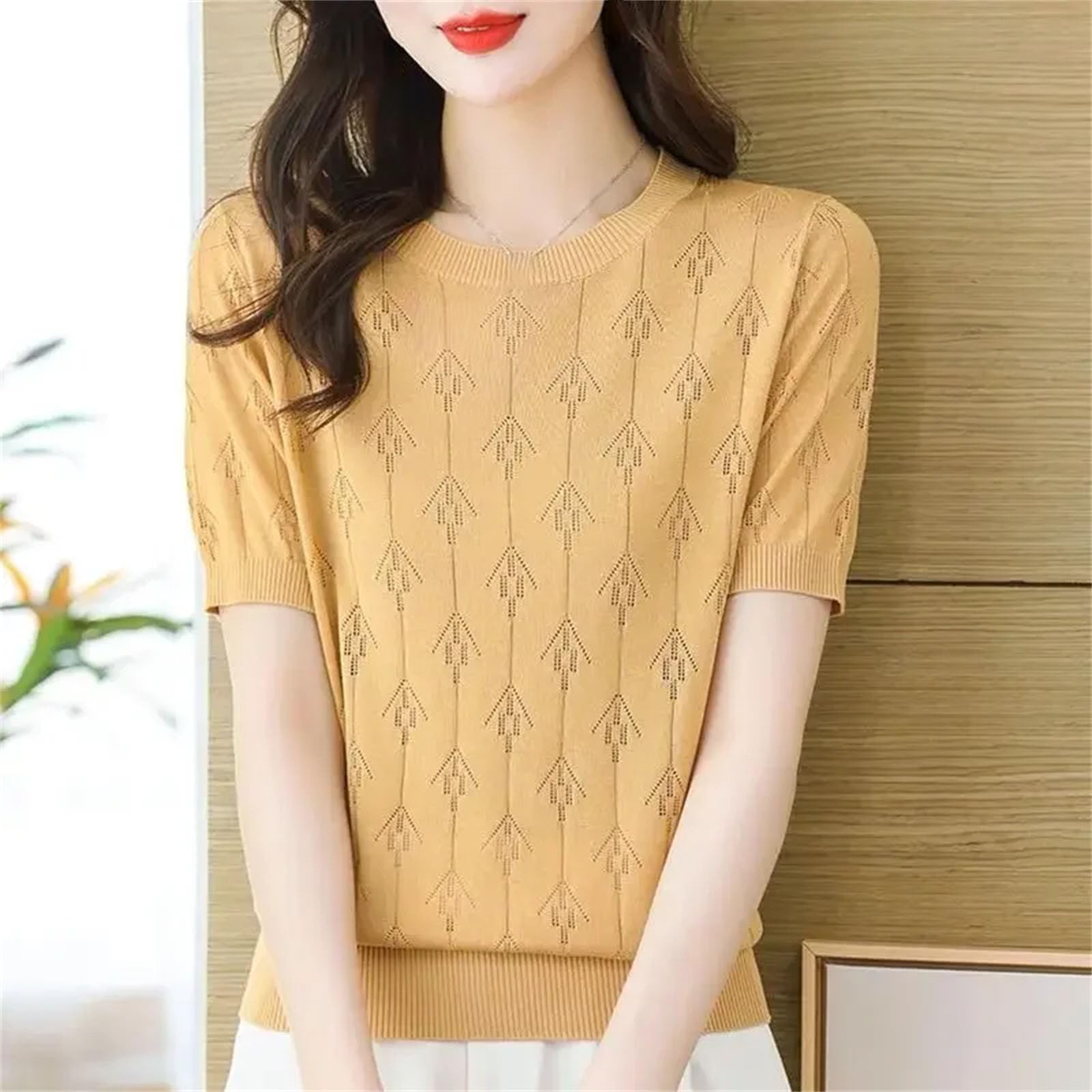 Camiseta de manga corta de seda de hielo para mujer, de punto hueco, color sólido, holgada, adelgazante, transpirable, para uso diario