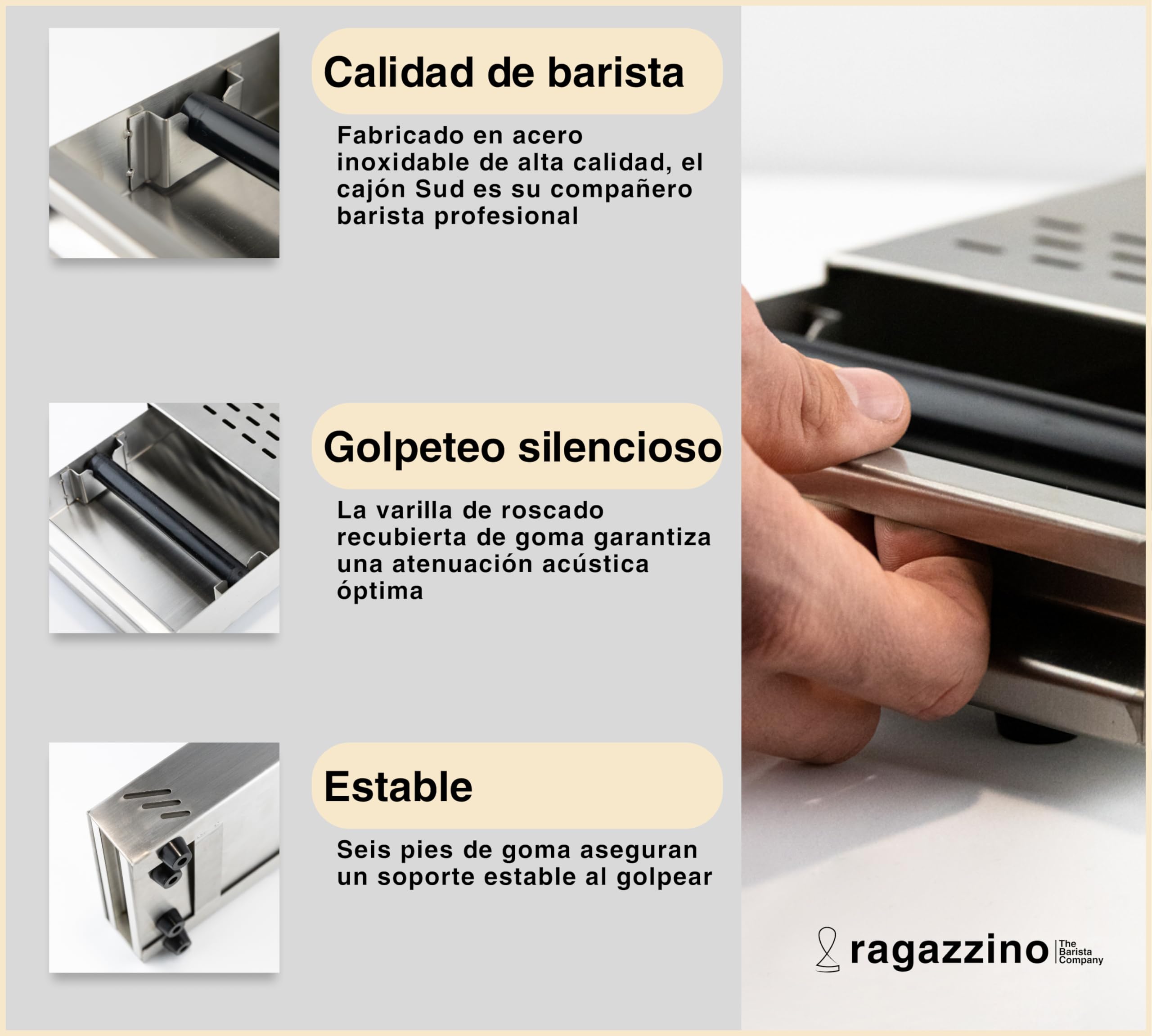 Cajon posos cafe para máquina portafiltros | Knock box cafe con barra de empuje extraíble | 280 x 180 x 64 mm de acero inoxidable | cajon para posos de cafe de 3ragazzi de acero inoxidable