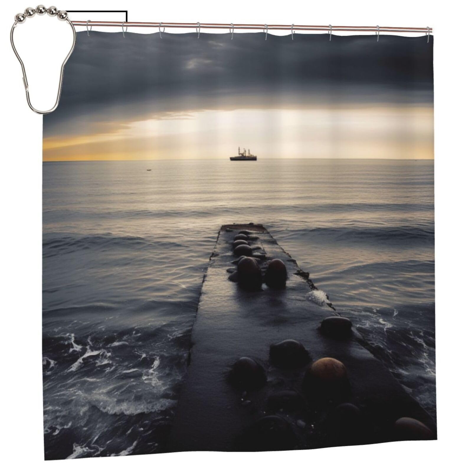 BWWHCCTI Black Sea Printed Shower Curtain With 12 Iron Hooks Opaque Quick Drying Waterproof Shower Curtains Sets For Bathroom 183x183 CM
