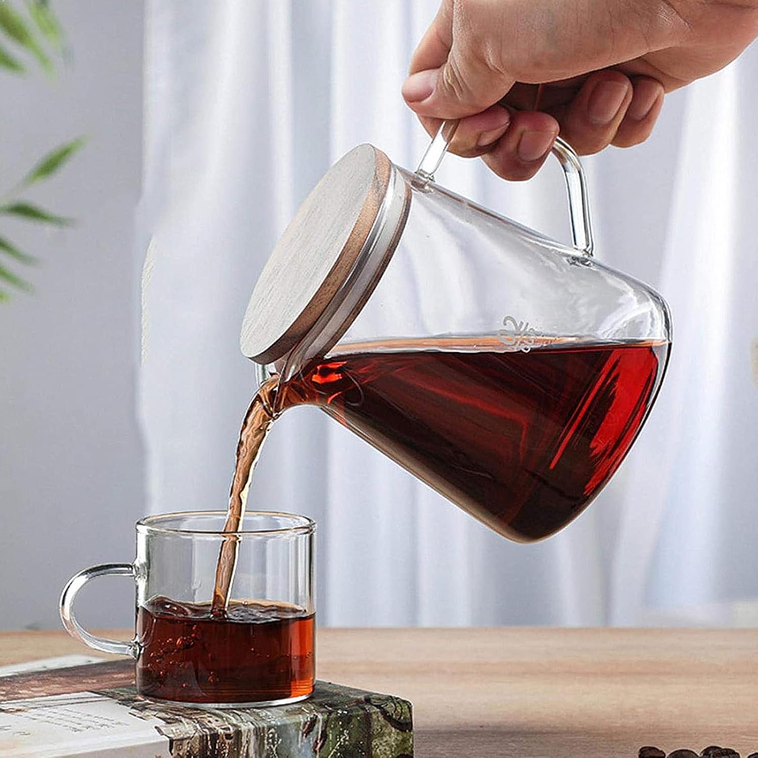 SEWACC Glass Coffee Pot Teapot 300Ml High Borosilicate Glass Kettle with Acacia Wood Lid Multi-Function Coffee Server for Home Use