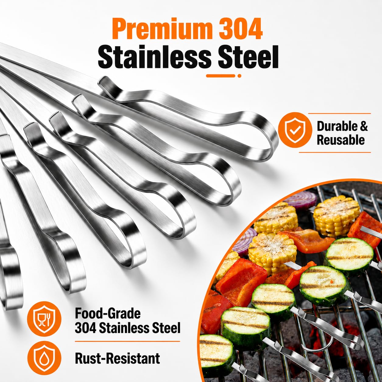 Fengzhe Brochetas de acero inoxidable para asar a la parrilla, pinchos planos de barbacoa de 16.5 pulgadas con deslizador, resistentes, reutilizables, ideales para carne, camarones, pollo y verduras,