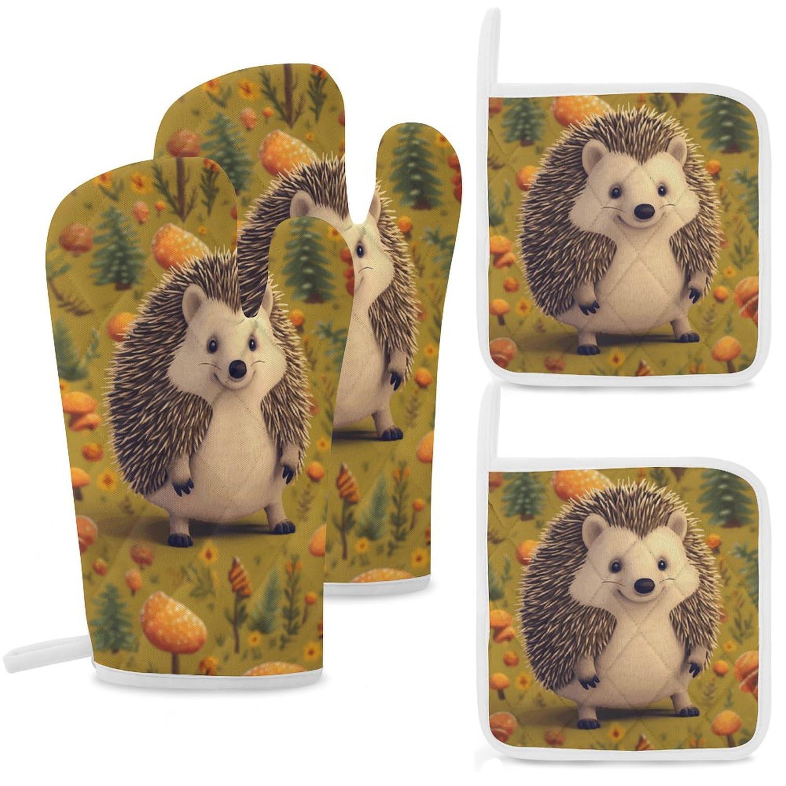 Oven Glove Hedgehog Oven Mitts and Pot Holders Sets of 4 Heat Resistant Gloves BBQ Glove Non-Slip Cooking Gloves for Baking Grilling Kitchen Potholders Gloves