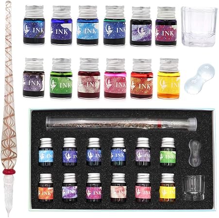 Amazon Axearte ガラスペンとインク マーメイドガラスペンセット カリグラフィーディップペンセット 12個のカラフルなインク ガラス ペンホルダー ガラス クリスタルペン アート ライティング ドローイング 署名 装飾 ホリデーギフトセット デスクペン 文房具