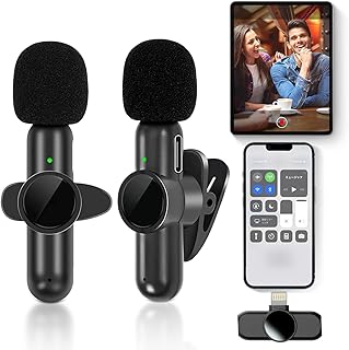 Wireless Lavalier Microphone for iPhone iPad, 2.4GHz Plug-Play Lapel Clip On Mic, 2 Pack Wireless Lapel Mic with Noise Reduction Auto Sync for Video Recording TikTok YouTube Facebook Live Stream