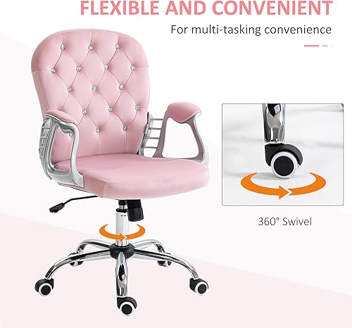 Miniatura 6 de Vinsetto Silla de oficina en casa de terciopelo, silla de escritorio con botones copetudos con reposabrazos acolchados, altura ajustable y ruedas