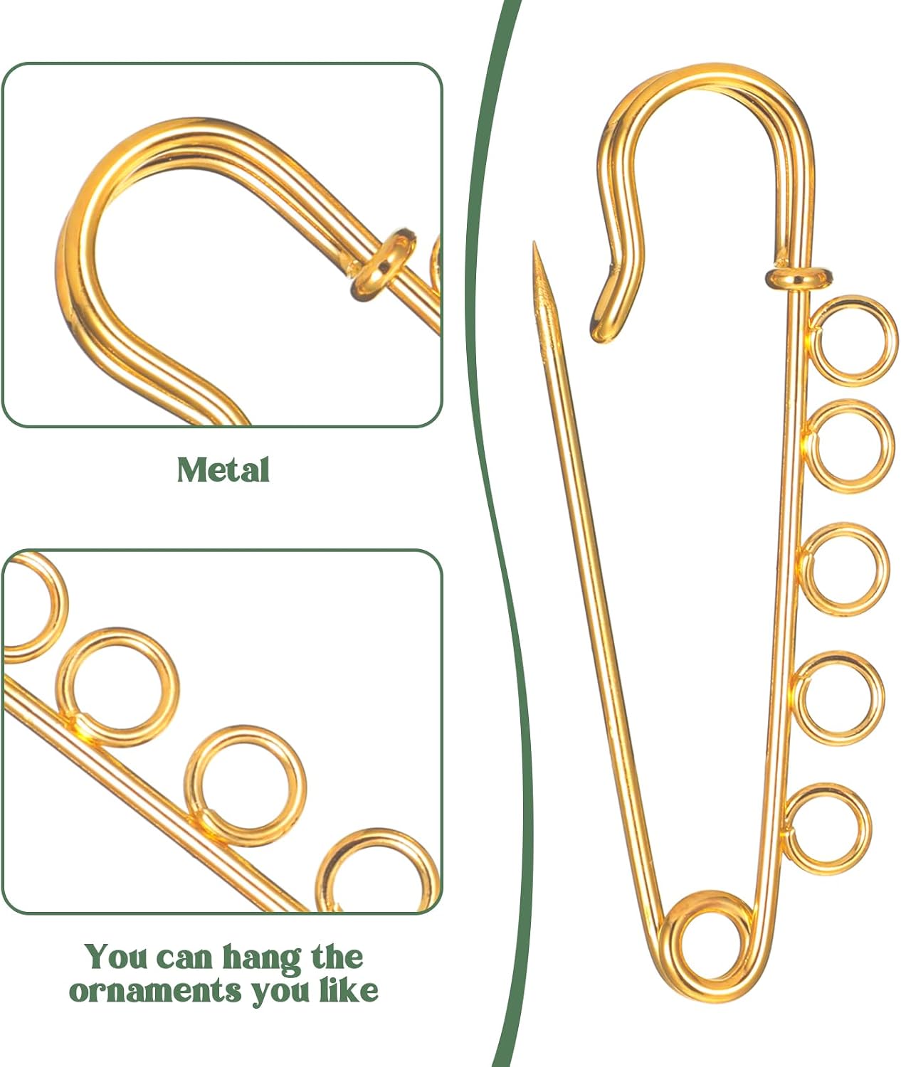20 Pcs Safety Pin Brooch Decorative Safety Pins with 5 Loops Heavy Duty Big Safetys Pins Jewelry for Blankets Skirts Knitted Fabric Women Gold 1.96 x 0.59 Inch