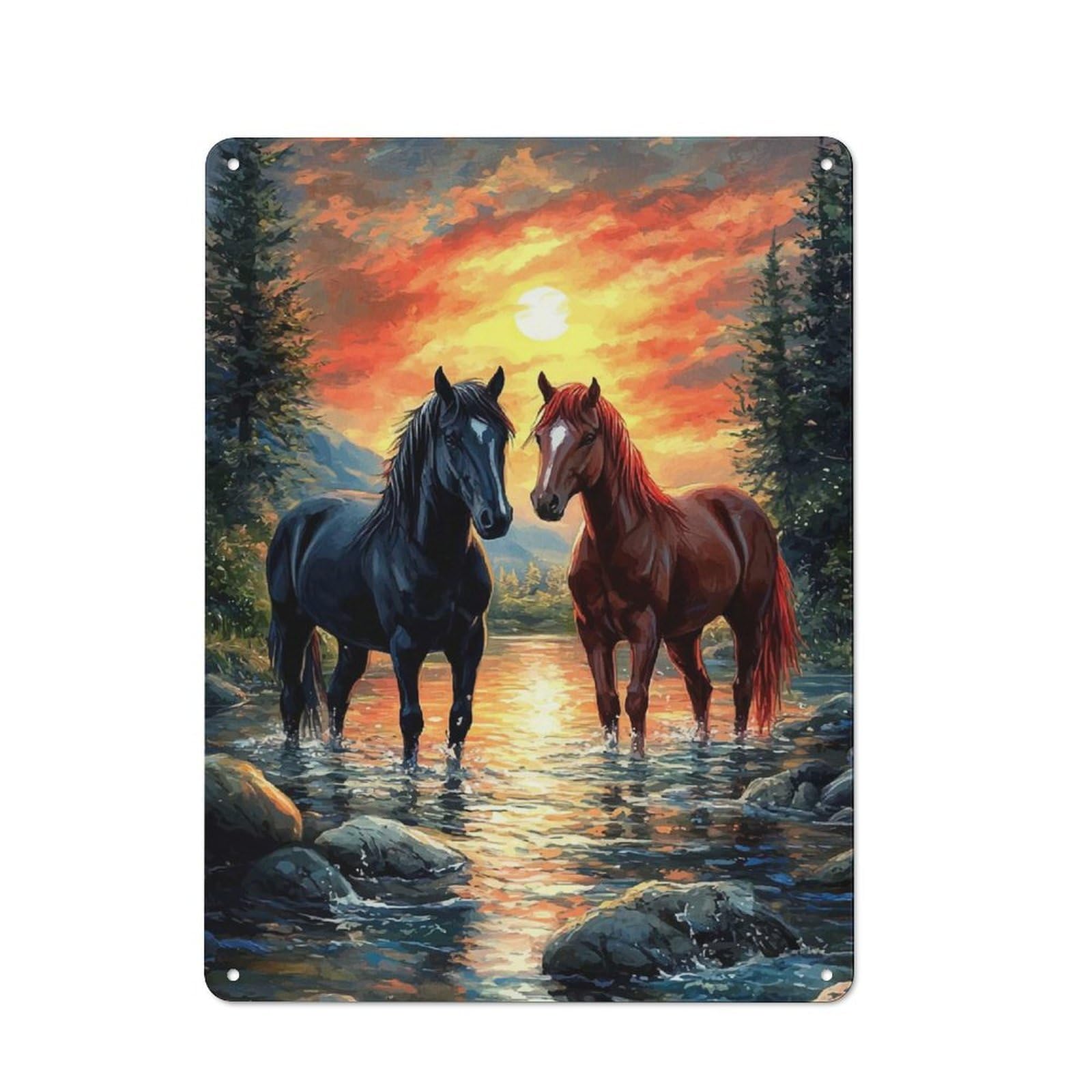 Junmoney Horses At Sunset Retro Metal Wall Sign 40X30cm Featuring For Hallway Wall, For Garage, Workshop And Man Cave Decoration