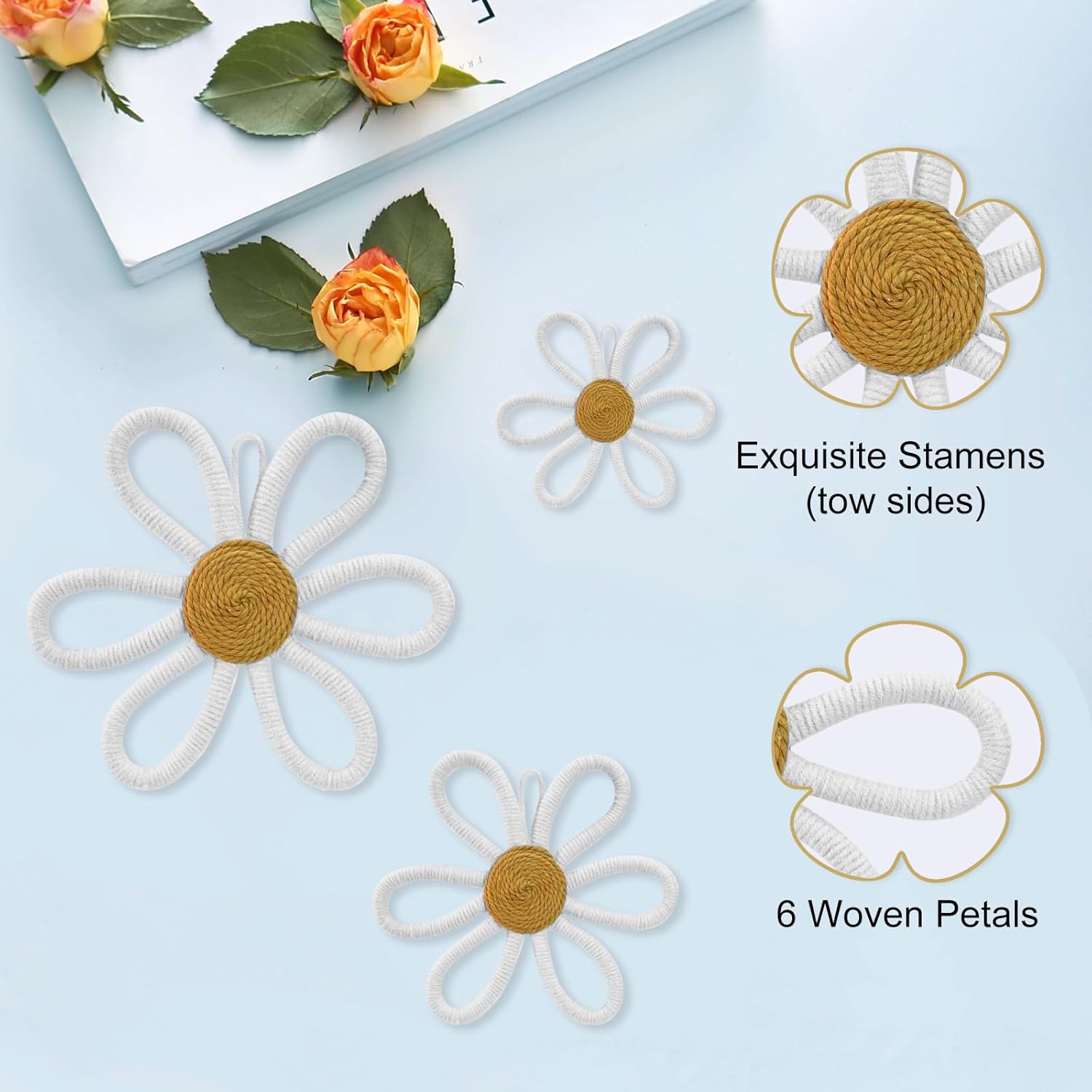 6 Pcs Boho Nursery Daisy Wall Decor, Woven Flowers Wall Hanging Art, White Boho Floral Room Decor with Lanyard for Office, Toddler Baby Little Girls Kids Home Bedroom Above Bed Decorations (White)