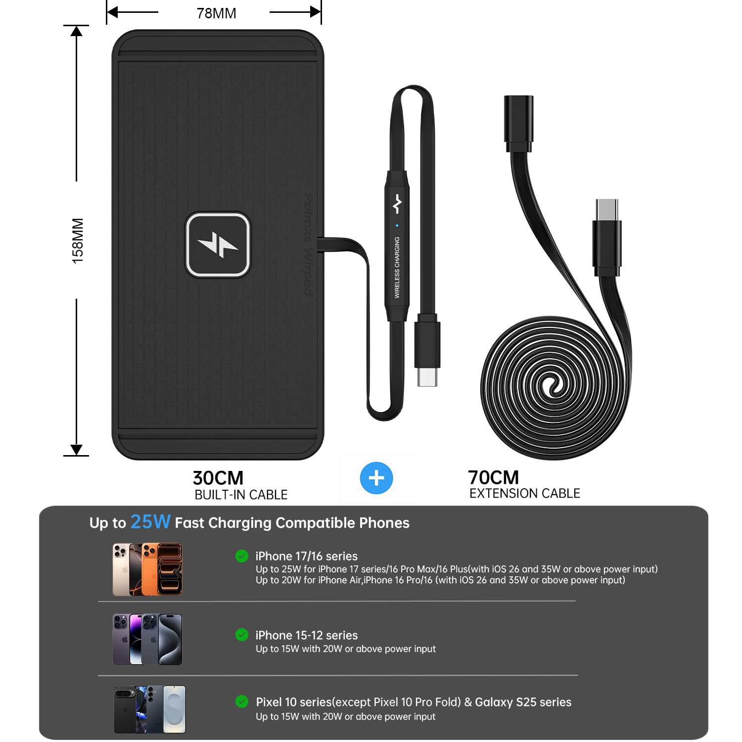 Polmxs - Caricabatterie wireless da 25W, tappetino per ricarica rapida antiscivolo, con caricabatterie da 45W per auto e cavo USB-C esteso per iPhone 17 16 15 14, Samsung Galaxy S25 S24, Google Pixel