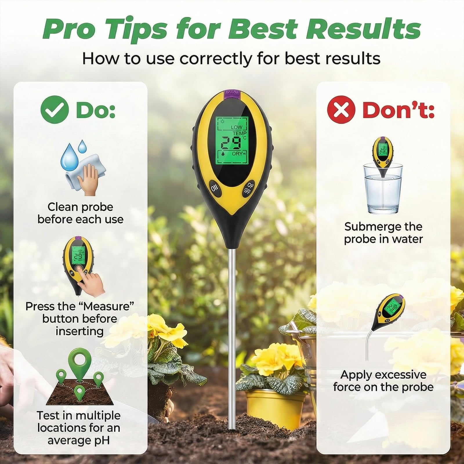 4 en 1 Testeur Ph Sol, 2 Pièces Testeur Humidité Plante, Humidité/PH/Température/Ensoleillement, Testeur Humidité Plante, Concerner Jardins, Fermes, Plantes D'Intérieur et D'extérieur