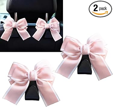 Pack-2 Car Bow Seat Headrest Hook, Cute Creative Hidden Decoration, Bow Car Hooks, Multi-function Hanging Organizer for Backpack Grocery Bag, Universal for Most Cars Pink