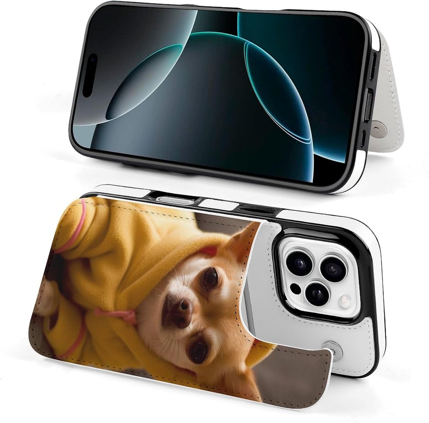 Wallet Cases for iPhone 16 Pro, Cute Depressed Chihuahua Prints Flip Leather Phone Case Cover with Card Slots Holder