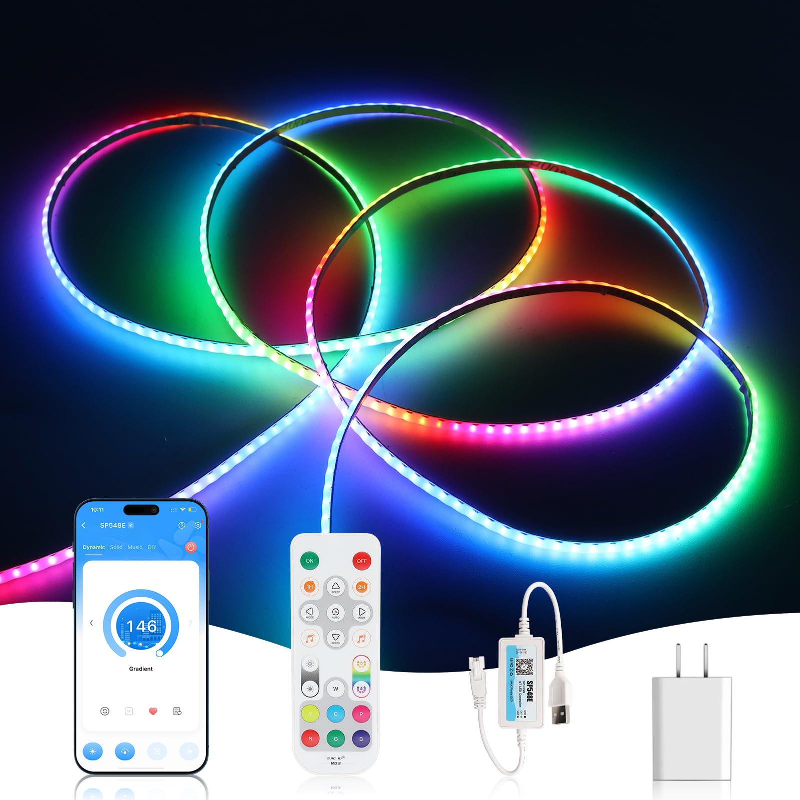 WS2812B COB LED Strip Kit, 1m 3mm Ultra Thin Smart IC RGB USB Light