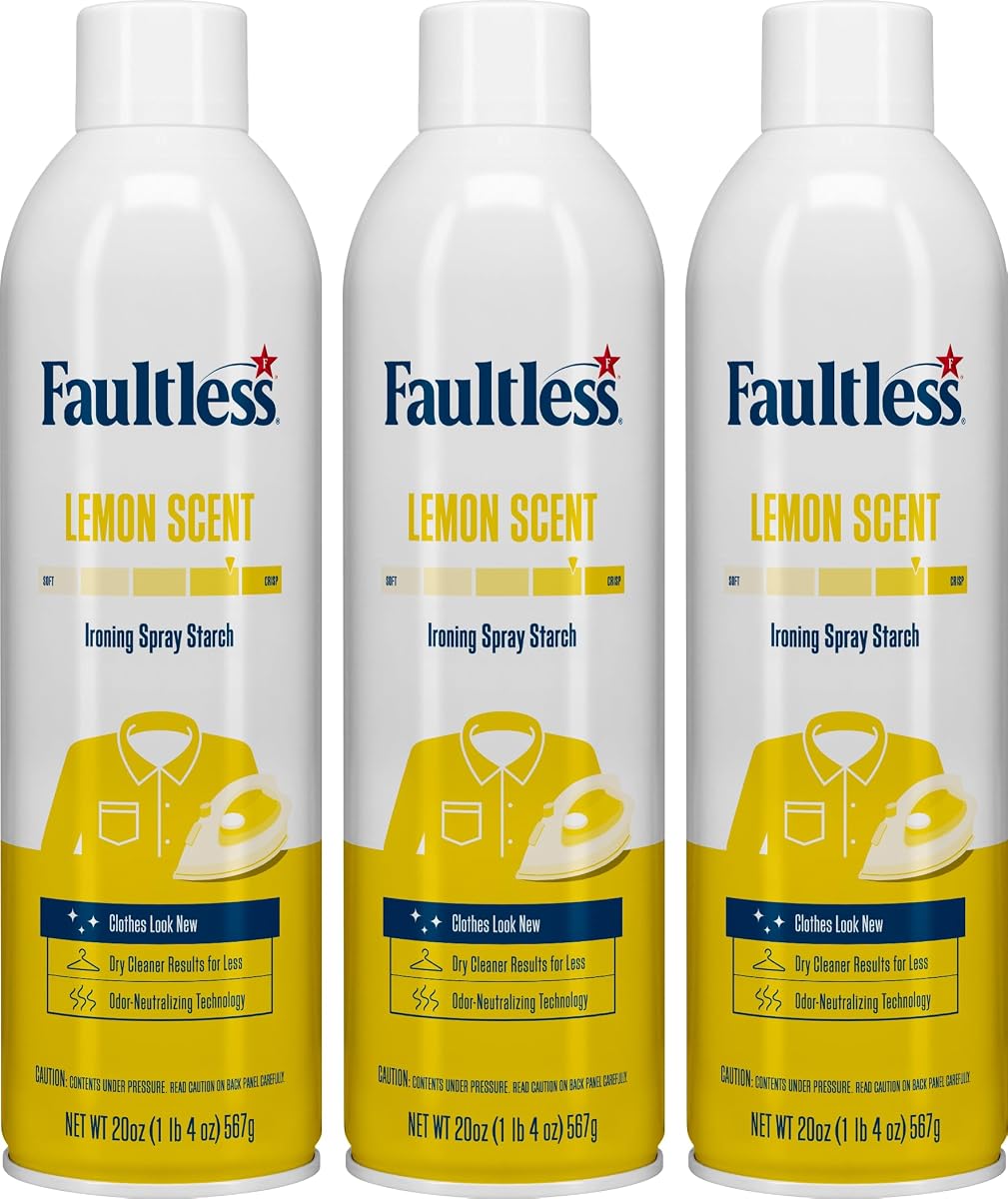 Faultless Lemon - Almidón en spray para lavandería, almidón con aroma a limón, latas de 20 oz para un suave deslizamiento del hierro en la ropa y la tela, spray uniforme, fácil deslizamiento del hierro, sin residuos (paquete de 3)