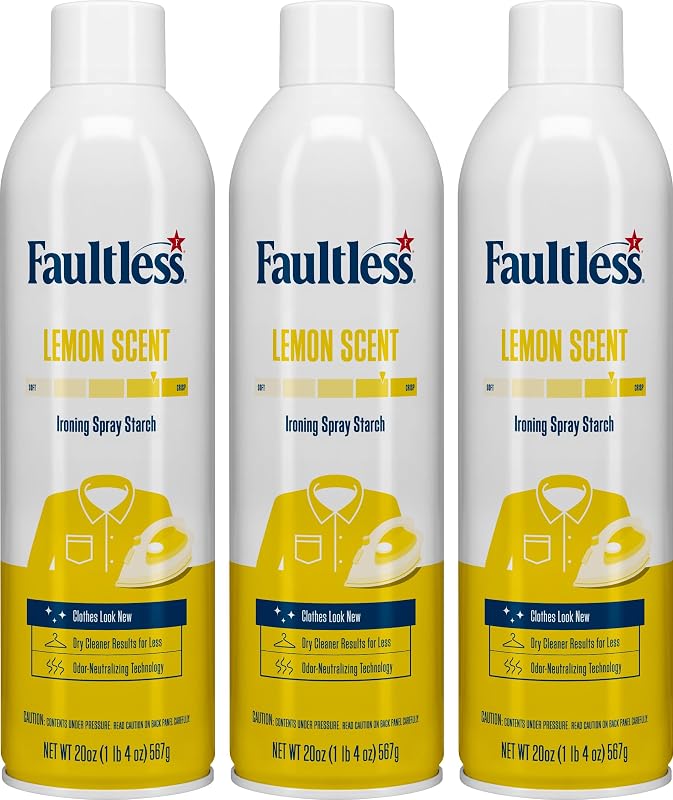 Faultless Lemon - Almidón en spray para lavandería, almidón con aroma a limón, latas de 20 oz para un suave deslizamiento del hierro en la ropa y la tela, spray uniforme, fácil deslizamiento del hierro, sin residuos (paquete de 3)