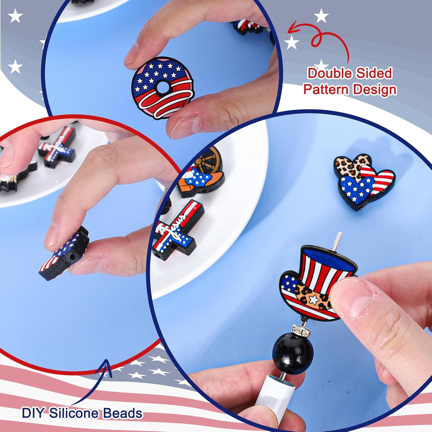 Whaline 12Pcs Patriotic Silicone Focal Beads Assorted 4th of July Silicone Spacer Beads American Flag Theme Mixed Bead for Independence Day DIY Craft Jewelry Keychain Making Accessories