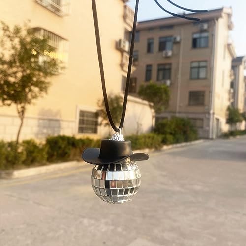 Miniatura 7 de Accesorio de bola de discoteca para automóvil, adorno de espejo de coche de bola de discoteca, sombrero de vaquero de bola de discoteca, decoración