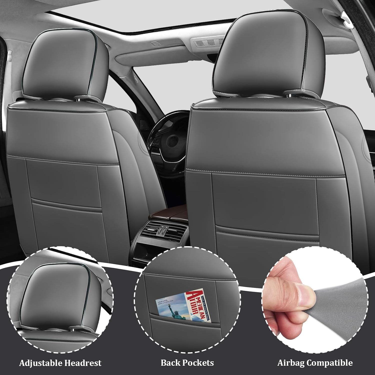 Car Seat Covers Front Seats for Toyota Tundra 2000-2026, Anti-Slip Full Coverage Car Seat Covers, Waterproof Nappa Leather Car Seat Cover Sets(2 Seats/Gray Black)