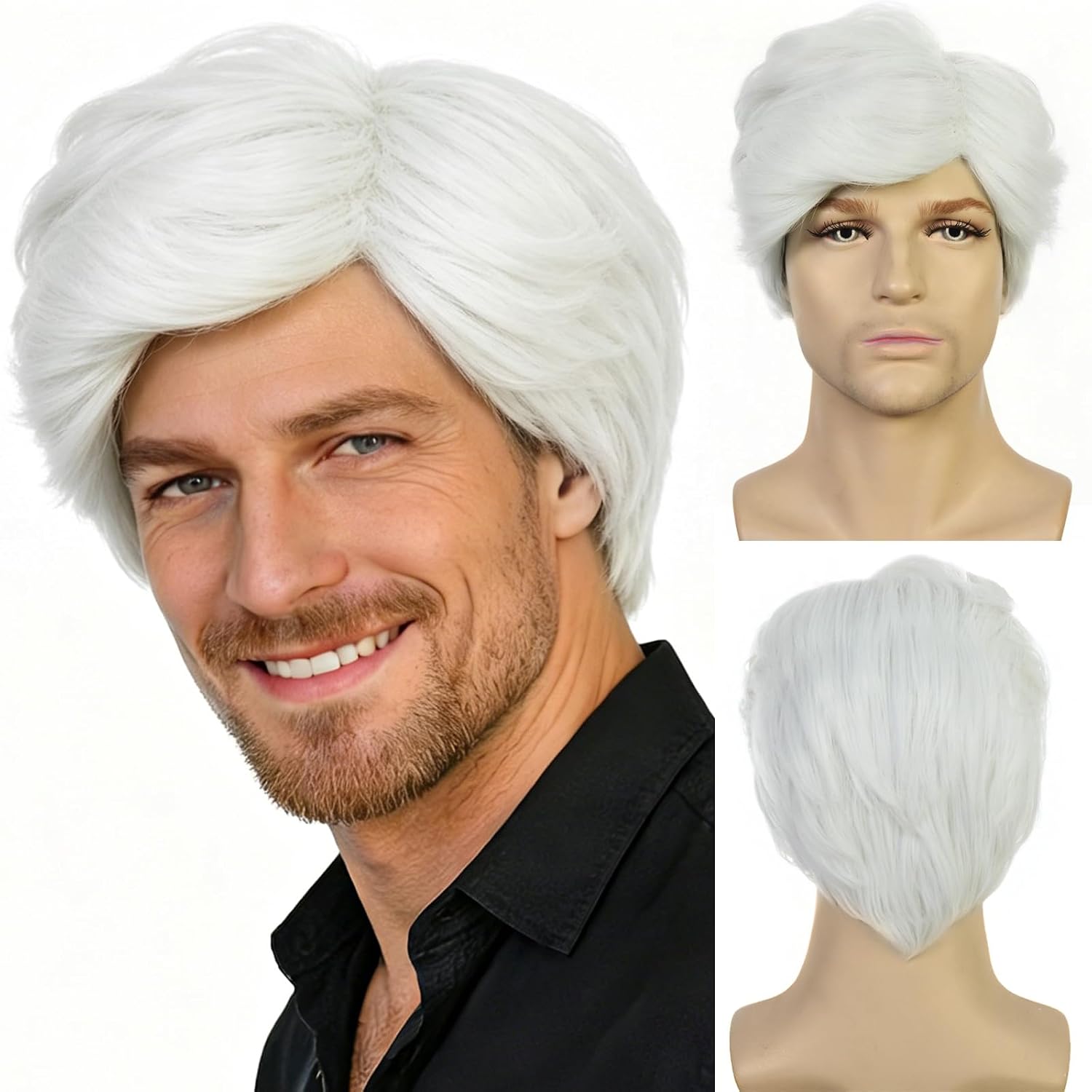 Short White Wigs for Men Old Man Wig Natural White Hair Wig | Synthetic Heat Resistant Funny Wigs for Men Pelucas Para Hombres for Daily Use Cosplay Costume Halloween Party + Hair Cap