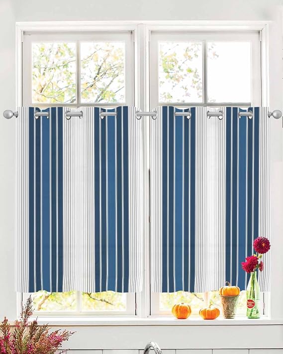 Lake Blue Stripes Sheer Curtains for Bedroom/Living Room, Grommet Kitchen Curtains 45 Inches Long, Minimalist Abstract Vertical Lines Semi-Sheer Curtain Drapes Voile Window Treatments