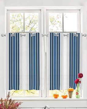 Lake Blue Stripes Sheer Curtains for Bedroom/Living Room, Grommet Kitchen Curtains 45 Inches Long, Minimalist Abstract Vertical Lines Semi-Sheer Curtain Drapes Voile Window Treatments