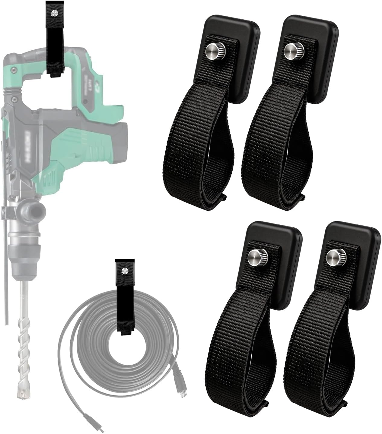 4 Pack Heavy Duty Magnetic Hook Straps for Extention Cords,Cruise Garage Storage Hook Ties for Hanging Cables, Garden Hoses Ropes, Workshop Tool Box Magnet Organize Hangers for Tools