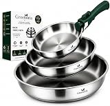 GREENORIA Lot de 3 Poêles Inox Triply 18/10 (20, 24, 28 cm) - Poignée amovible | Poêles induction tous feux, four et lave-vaisselle | Sans revêtement antiadhésif, PFAS, PTFE ni PFOA | Empilables - 1