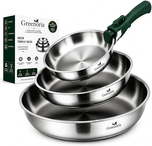 GREENORIA Lot de 3 Poêles Inox Triply 18/10 (20, 24, 28 c…