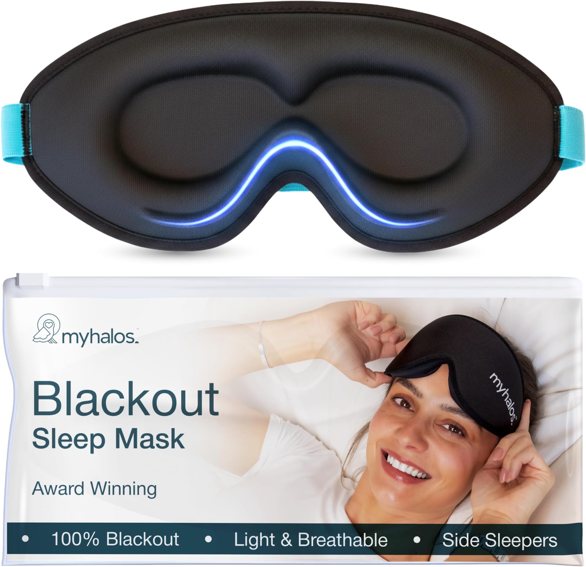 MyHalos® 100% Blackout Sleep Masks for Women & Men - Zero Eye Pressure Eye Mask for Sleeping -Our Halo Sleep Mask Includes a Storage Pouch- Black Eye Mask for Travel or Blindfold