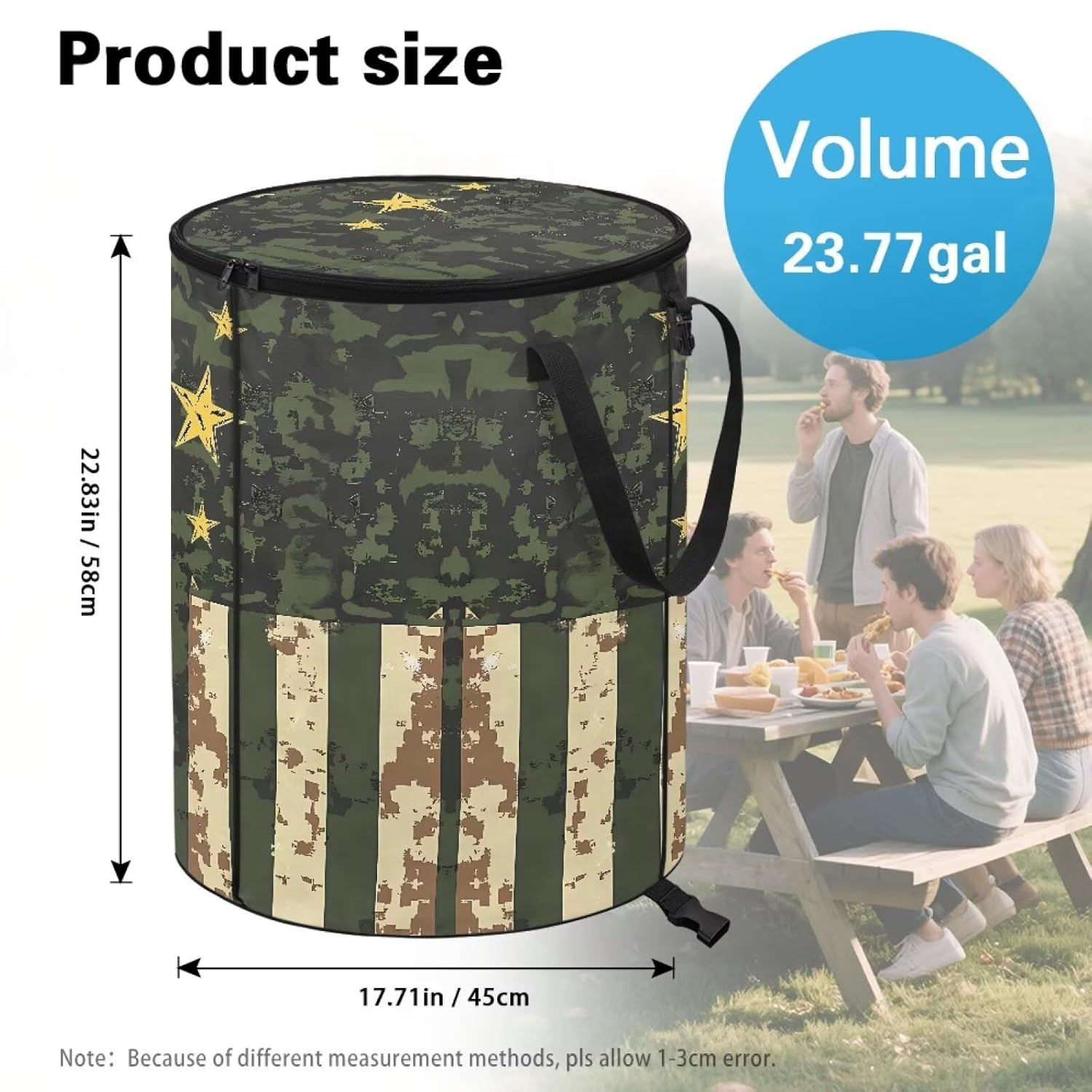 American Flag Outdoor Trash Can with Zippered Lid Green Camo Camping Trash Can Collapsible 23 Gallon Garbage Bags for Patio, Car, Bedroom, RV's, Yard