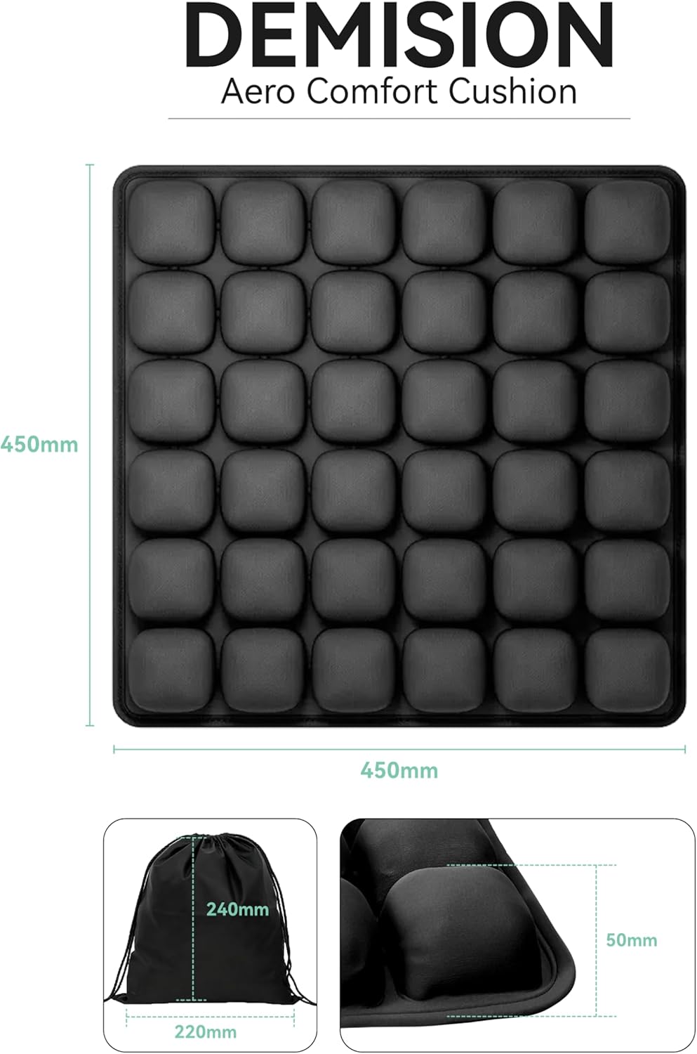 Inflatable 3D Travel Cushion for Airplane, Tailbone Pain Relief Seat Pad with Ergonomic Support, Anti-Slip Bottom, Built-in Pump & Carry Bag for Travel/Office/Car 36 Air Cells, Black