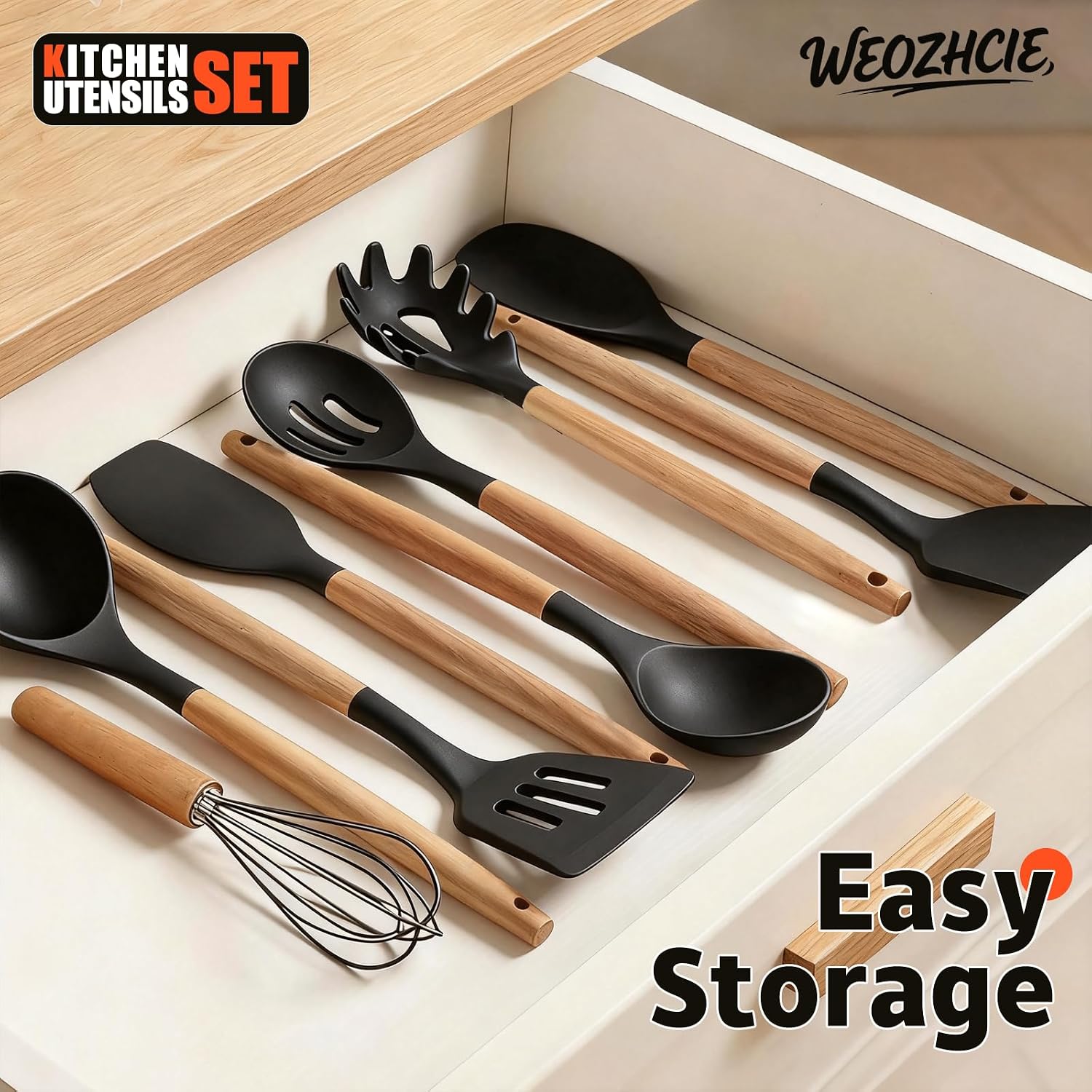 Silicone Cooking Utensil Set,12 PCS Cooking Kitchen Utensils Set, Nonstick Kitchen Utensils 446°F Heat-Resistant Cookware Tools of Spoon,Brush,Whisk,Spatula,Turner Tongs (Black)