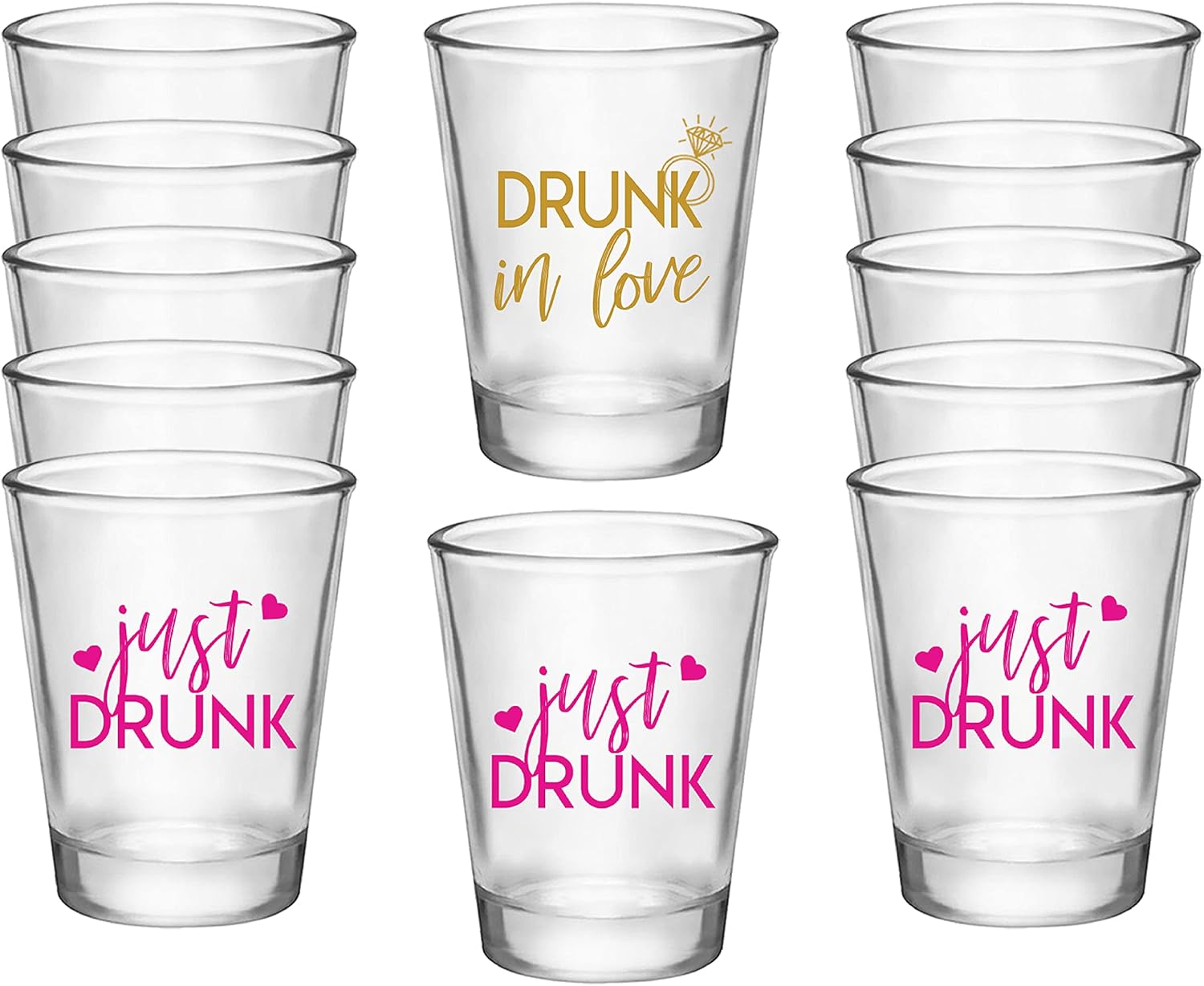 Drunk In Love and Just Drunk Bachelorette Party Shot Glasses, Set of 12, 11 Pink Just Drunk and 1 Gold Drunk In Love Shot Glass, Perfect Bachelorette Party Decorations and Brides Maid Gifts