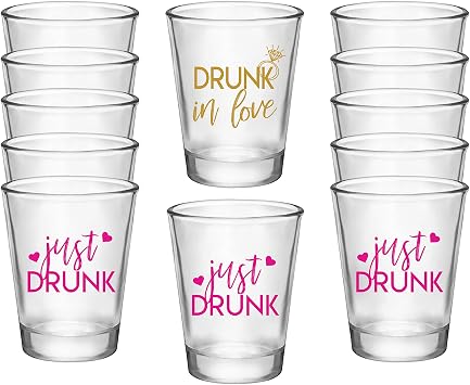 Drunk In Love and Just Drunk Bachelorette Party Shot Glasses, Set of 12, 11 Pink Just Drunk and 1 Gold Drunk In Love Shot Glass, Perfect Bachelorette Party Decorations and Brides Maid Gifts
