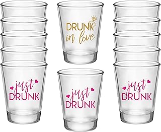 Drunk In Love and Just Drunk Bachelorette Party Shot Glasses, Set of 12, 11 Pink Just Drunk and 1 Gold Drunk In Love Shot Glass, Perfect Bachelorette Party Decorations and Brides Maid Gifts