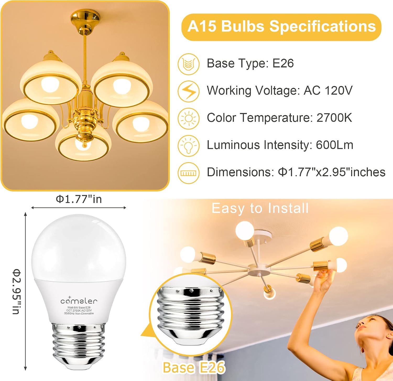 comzler Small Light Bulb 6 Watts Warm White Light 2700K, 60 Watts Globe Light Bulb Equivalent, E26 Standard Screw Base A15/G45 Shape LED Appliance Bulb Refrigerator 6-Pack