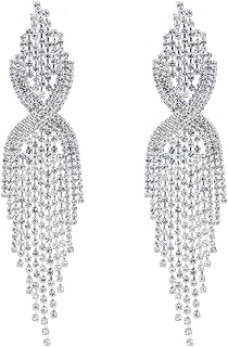 Silver Teardrop Crystal Long Tassels Dangle Earrings Sparkling Rhinestone Ladies Gifts