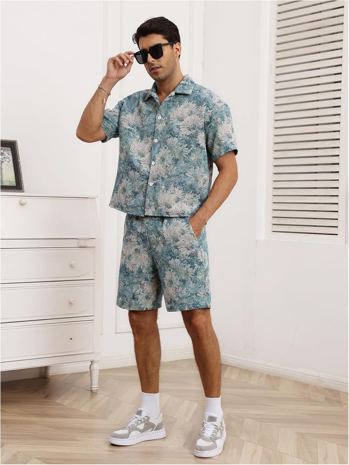 Men's 2 Piece Vacation Beach Outfits Floral Short Sleeve Button Down Shirt and Shorts Summer Clothing Set - Image 3