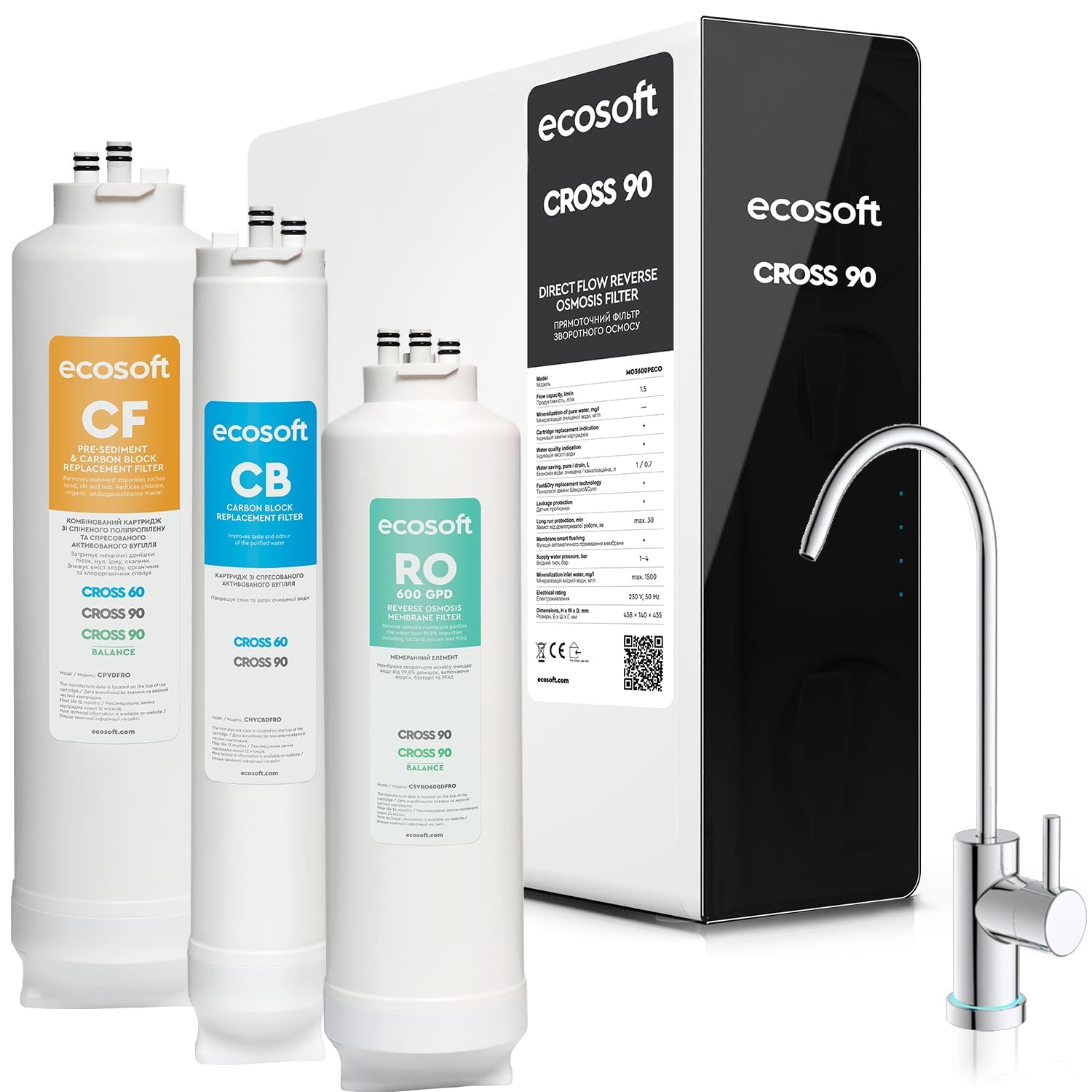 Ecosoft CROSS90 Osmose inverse avec débit direct 1,5 l/min | Affichage LED intelligent | Élimine 99 % PFAS, microplastiques & métaux lourds | Compact & facile à entretenir | Élimine 99 % des PFAS, des microplastiques et des métaux lourds, rinçage automati