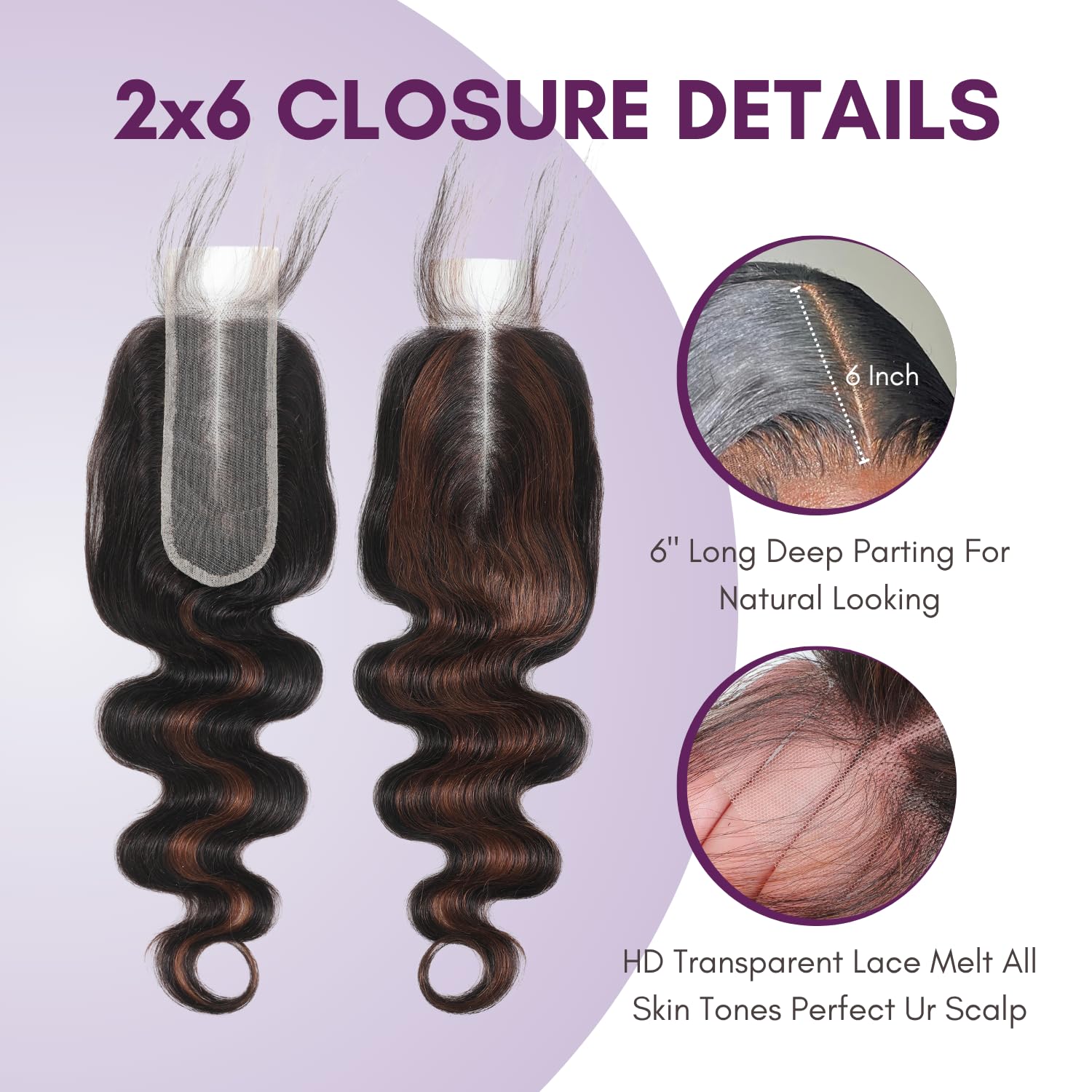 #F2/4 Dark Brown Highlight Body Wave Bundles with 2x6 Closure Human Hair 16 18 20+14, 12A Virgin Brazilian Chocolate Brown Highlighted Weave Bundles and 2x6 Hd Lace Kim K Closure Long Deep Part