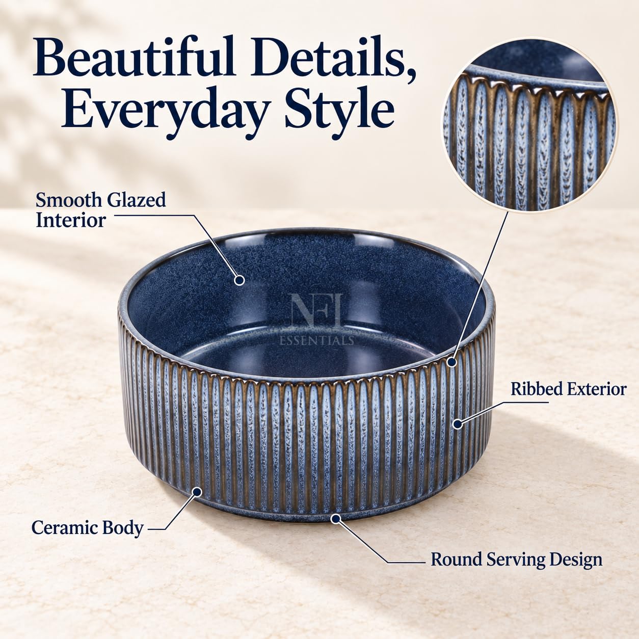 NFI essentials Frontier Ceramic Bowls Perfect for Snack, Side Dishes, Salads Or Desserts Beige Rib-Textured Multipurpose Uses Microwave & Oven Safe Ideal for Gifting & Daily Use — Amazon image 7